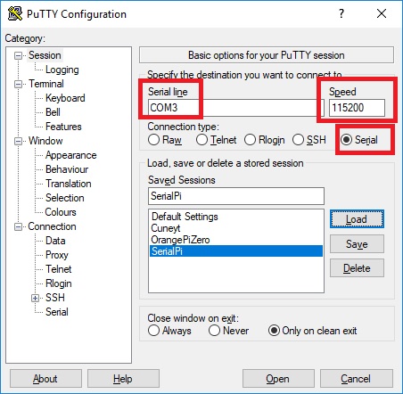 PuTTY ile seri bağlantı